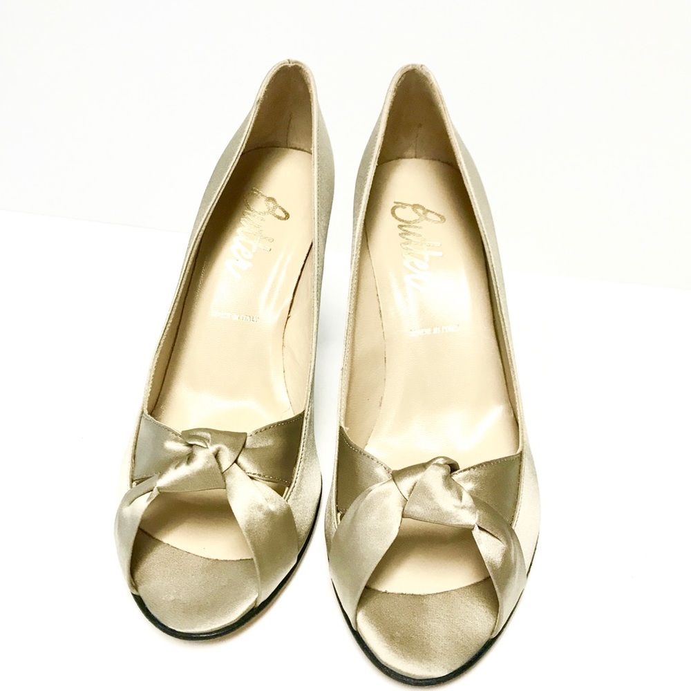 Butter London: Beige Satin Peep Toe Heels